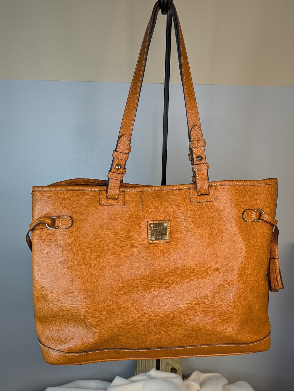 Dooney & Bourke British Tan Saffiano Leather Tassel Tote Bag